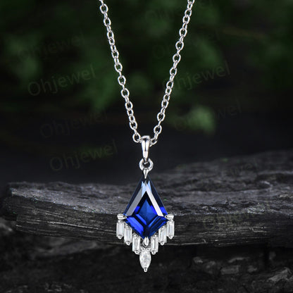 Kite cut blue sapphire necklace 14k rose gold cluster marquise baguette cut moissanite necklace pendant women art deco anniversary gift her