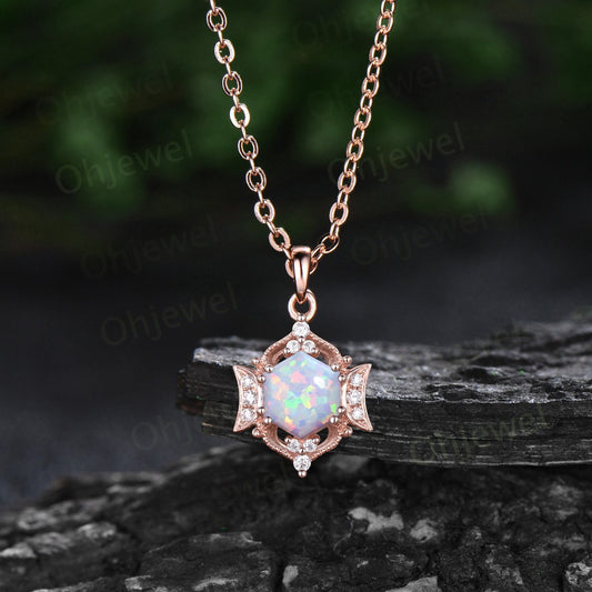 Vintage hexagon white opal necklace 14k rose gold 6 prong cluster halo moon diamond necklace Pendant women antique jewelry bridal gift