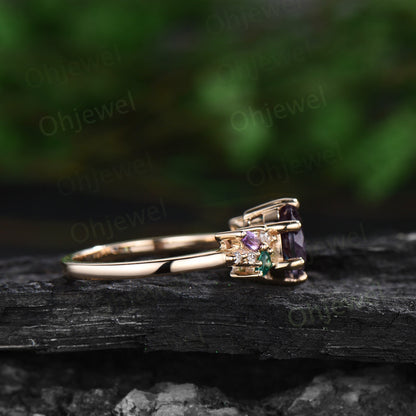 Round star sapphire ring vintage amethyst emerald ring rose gold unique cluster snowdrift engagement ring unique anniversary ring women gift