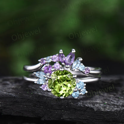 Vintage round peridot engagement ring 14k white gold snowdrift cluster amethyst topaz ring women gemstone crystal ring unique wedding ring