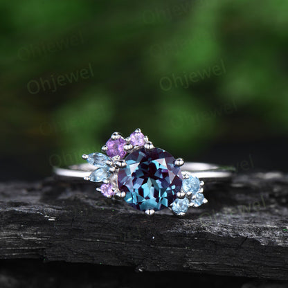 Vintage round Alexandrite engagement ring white gold snowdrift cluster amethyst topaz ring women gemstone crystal ring unique wedding ring