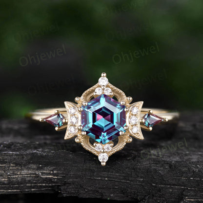 Vintage Hexagon cut Alexandrite engagement ring Milgrain cluster halo diamond ring women rose gold kite moon bridal wedding promise ring