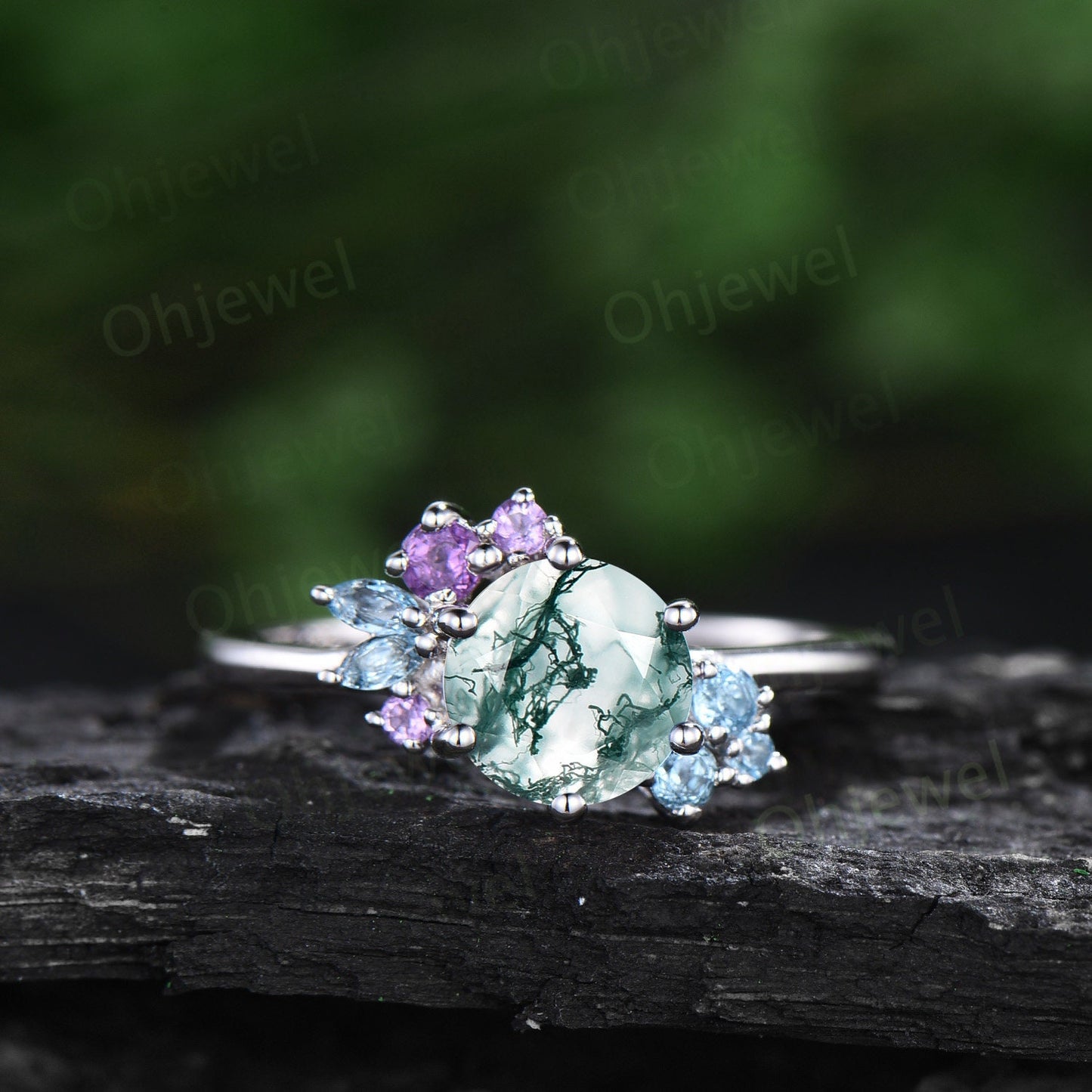 Vintage round moss agate engagement ring white gold snowdrift cluster amethyst topaz ring women gemstone crystal ring unique wedding ring