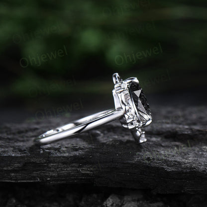 Vintage pear black rutilated quartz engagement ring leaf Nature inspired halo cluster diamond ring women white gold branch wedding ring gift