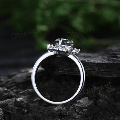 Vintage pear black rutilated quartz engagement ring leaf Nature inspired halo cluster diamond ring women white gold branch wedding ring gift