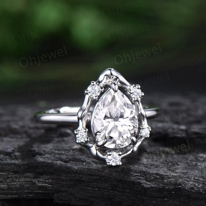 Vintage pear shaped moissanite engagement ring leaf Nature inspired vine halo diamond ring women white gold branch anniversary ring gift