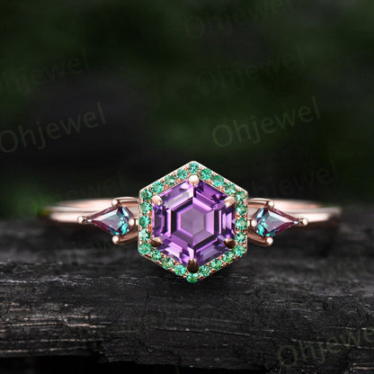 Hexagon cut purple Amethyst ring white gold halo emerald ring vintage kite cut alexandrite ring women unique engagement ring gemstone ring