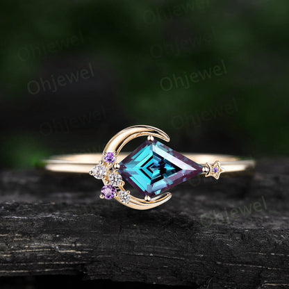 Kite cut alexandrite ring vintage amethyst ring rose gold unique star moon engagement ring women cluster diamond promise anniversary ring