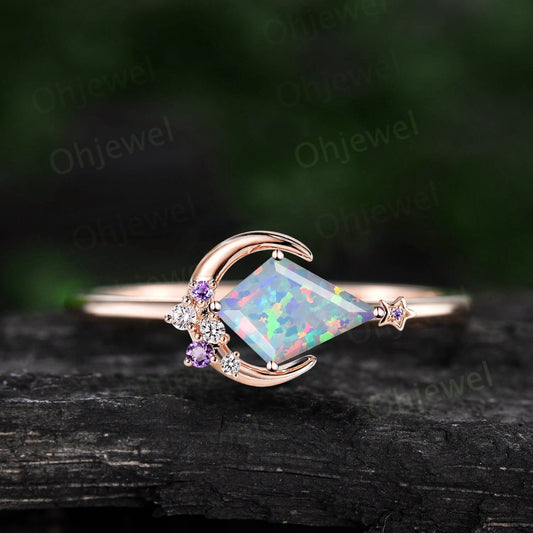 Kite cut white opal ring vintage amethyst ring rose gold unique star moon engagement ring women cluster diamond bridal wedding ring gift