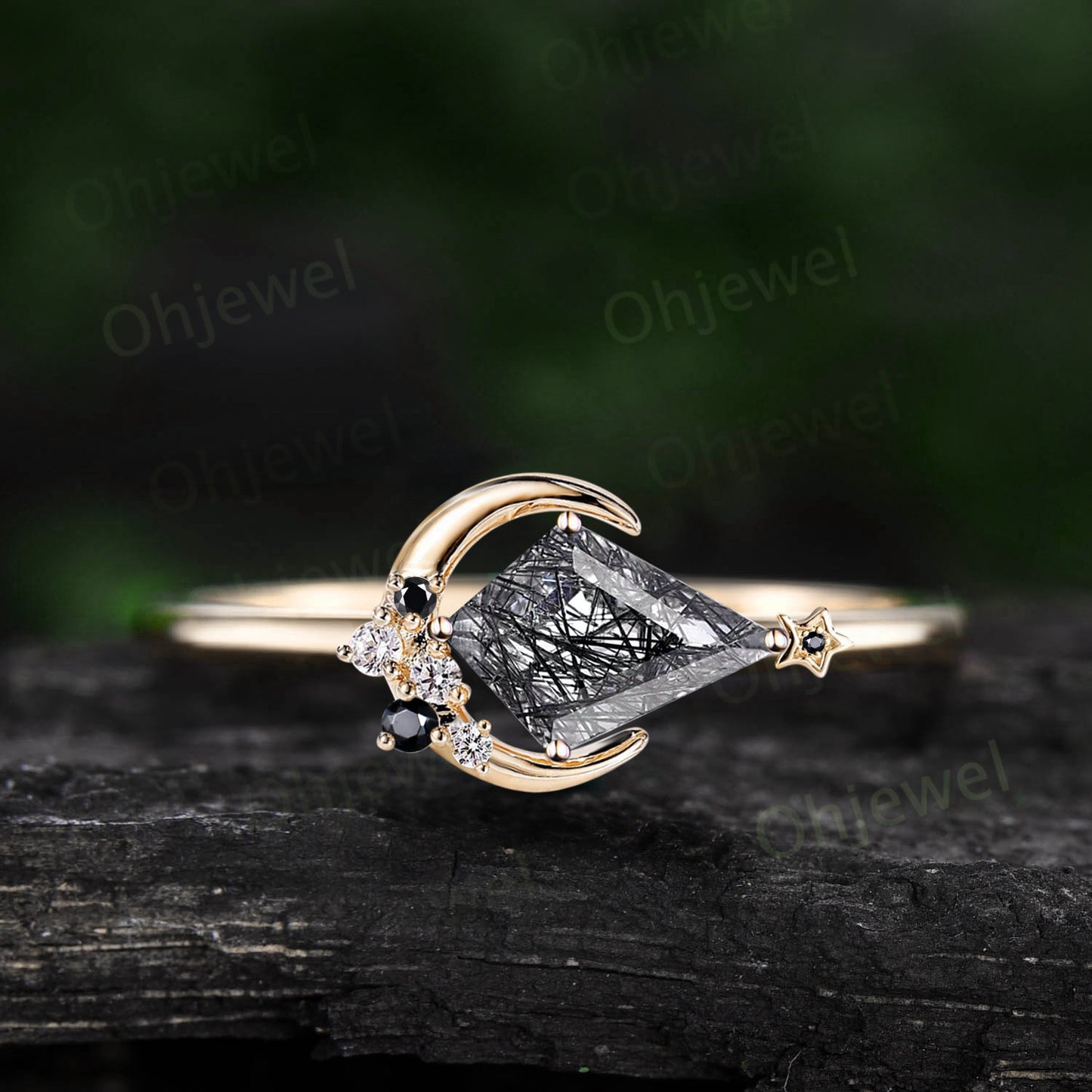 Kite cut black rutilated quartz ring vintage cluster spinel diamond ring rose gold east to west moon star engagement ring wedding ring women