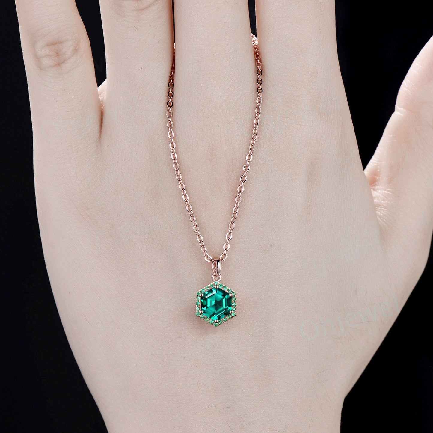 Vintage Hexagon cut green emerald necklace solid 14k rose gold 6 prong halo unique Pendant women May birthstone dainty anniversary gift