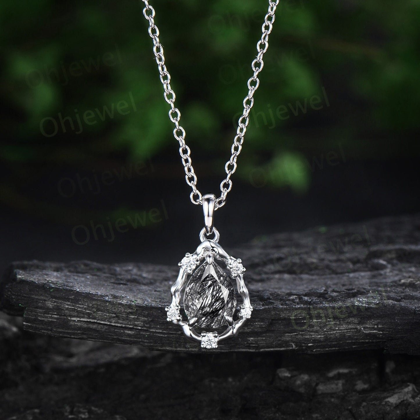Pear black rutilated quartz necklace vintage solid 14k white gold halo leaf vine branch diamond Pendant women art deco anniversary gift