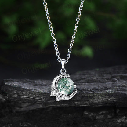 Vintage round cut green moss agate necklace 14k rose gold Personalized moon cluster diamond unique Pendant women anniversary gift for her