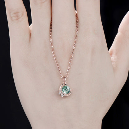 Vintage round cut green moss agate necklace 14k rose gold Personalized moon cluster diamond unique Pendant women anniversary gift for her