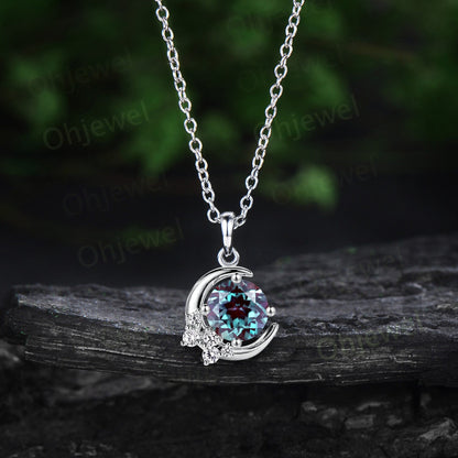 1ct Round Alexandrite necklace solid 14k rose gold unique moon necklace cluster moissanite Pendant women anniversary gift June birthstone