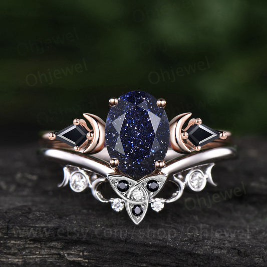 Vintage oval blue sandstone goldstone engagement ring 14k rose gold kite black spinel ring moon moissanite wedding ring set women gift