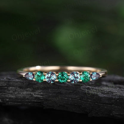 Round emerald alexandrite wedding band half eternity solid 14k rose gold Personalized green gemstone dainty unique anniversary ring gift