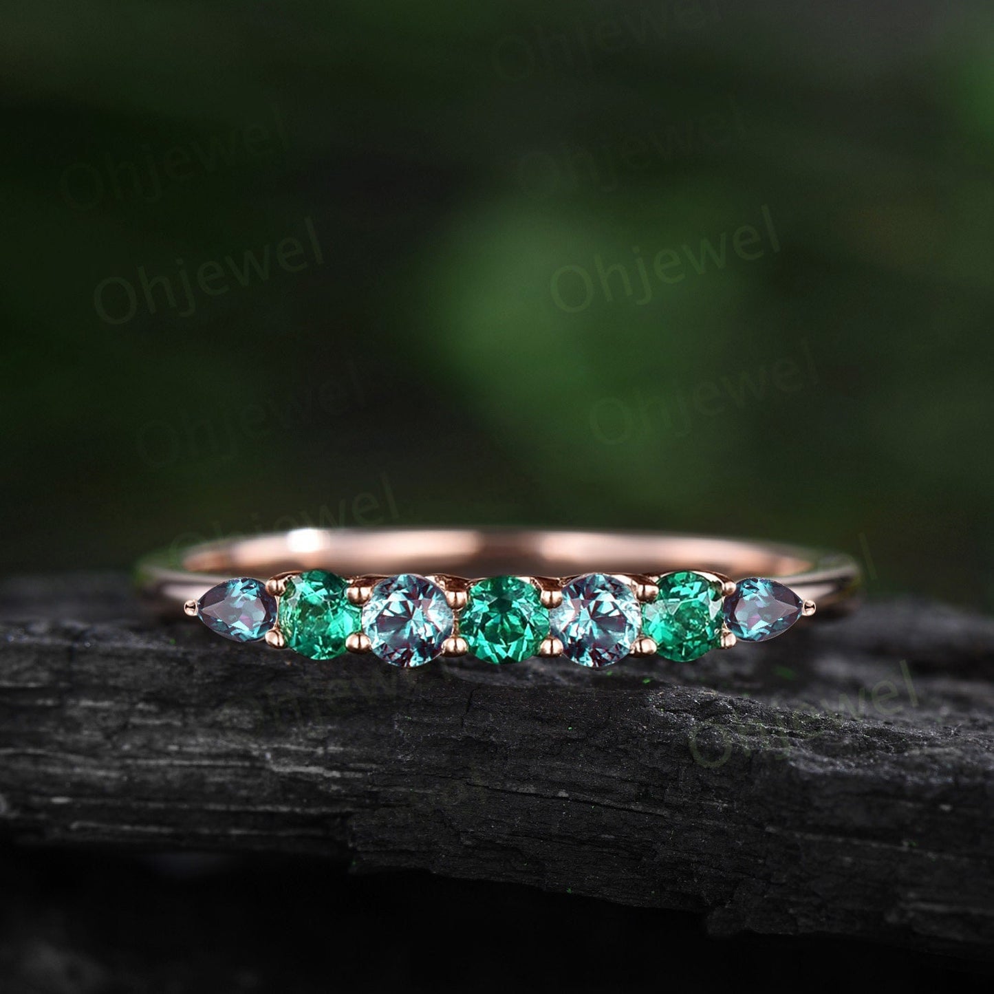 Round emerald alexandrite wedding band half eternity solid 14k rose gold Personalized green gemstone dainty unique anniversary ring gift