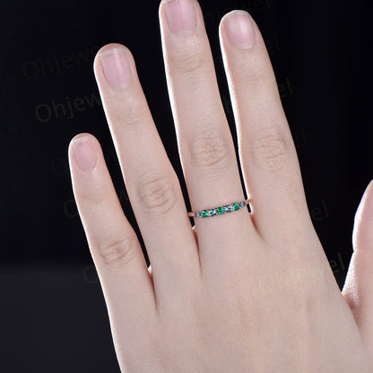 Round emerald alexandrite wedding band half eternity solid 14k rose gold Personalized green gemstone dainty unique anniversary ring gift