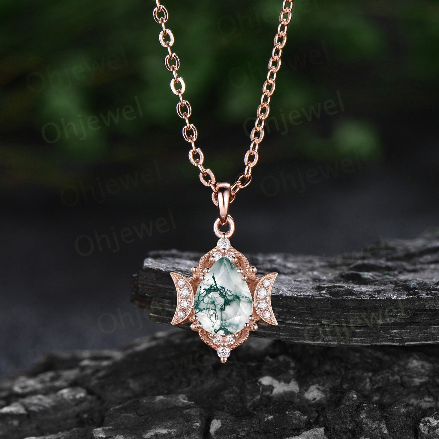 Pear green moss agate necklace vintage halo cluster milgrain moon diamond Pendant art deco 14k rose gold women antique anniversary gift her