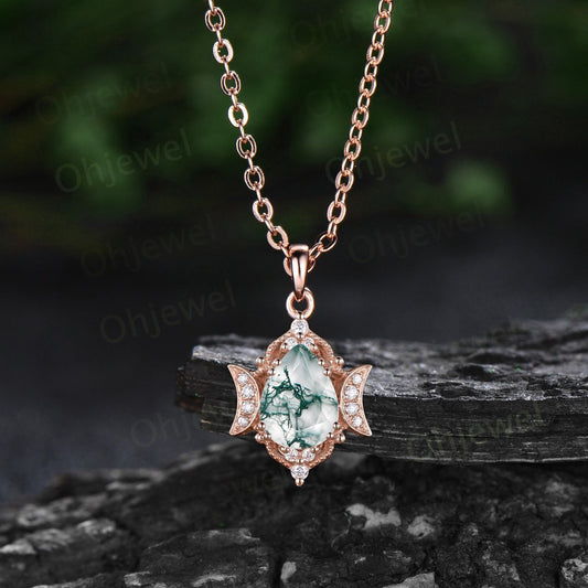 Pear green moss agate necklace vintage halo cluster milgrain moon diamond Pendant art deco 14k rose gold women antique anniversary gift her