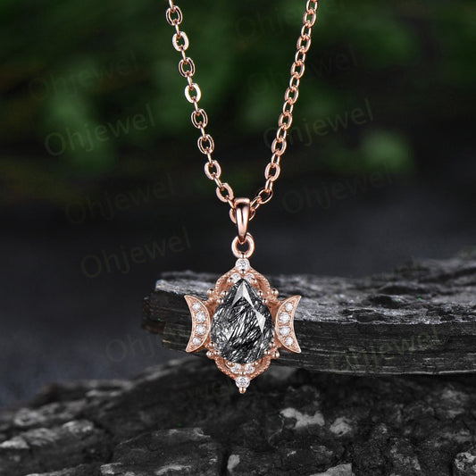 Pear black rutilated quartz necklace vintage halo cluster milgrain moon diamond Pendant rose gold women antique birthday anniversary gift