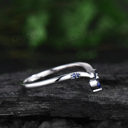 Princess cut sapphire wedding band art deco curved wedding ring band women vintage 14k white gold 7 stone bridal anniversary ring gift