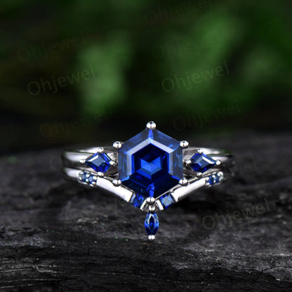 Hexagon sapphire engagement ring set white gold three stone princess kite sapphire ring blue gemstone unique promise ring set women gift