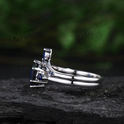 Hexagon sapphire engagement ring set white gold three stone princess kite sapphire ring blue gemstone unique promise ring set women gift