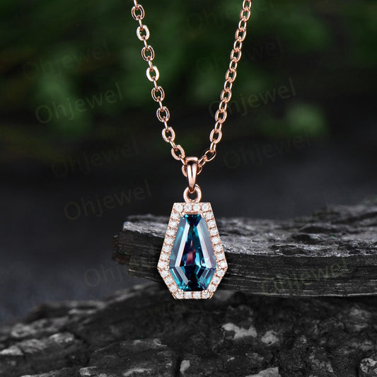 Coffin shaped Alexandrite necklace vintage solid 14k rose gold June birthstone dainty 6 prong halo diamond necklace Pendant women gift her