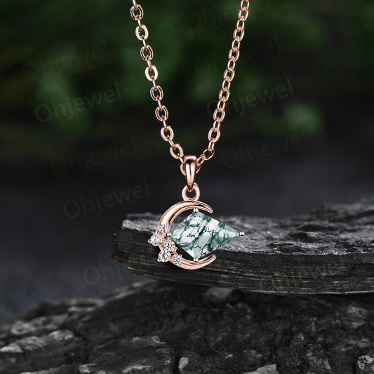 Vintage kite cut green moss agate necklace 14k rose gold Personalized moon cluster diamond unique Pendant women anniversary gift for her