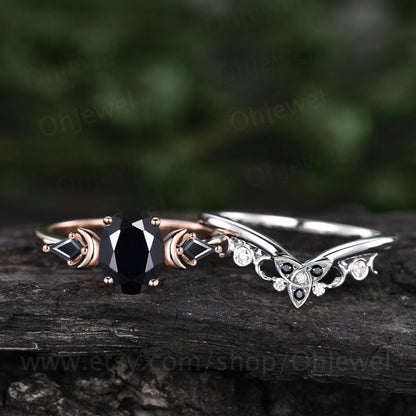 Vintage oval black Tourmaline engagement ring 14k rose gold kite black spinel ring moon moissanite wedding bridal ring set women gift