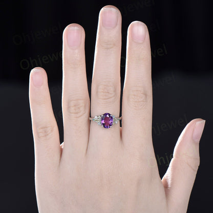 Oval cut purple amethyst ring vintage cluster snowdrift emerald peridot topaz ring white gold unique engagement ring women anniversary gift