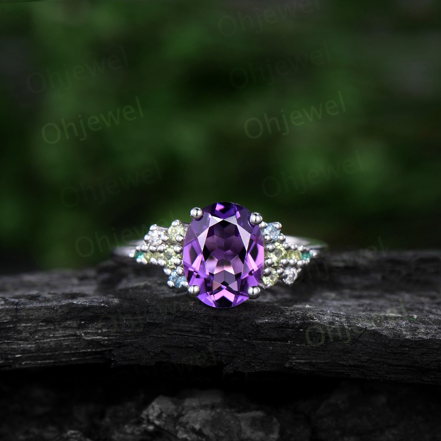 Oval cut purple amethyst ring vintage cluster snowdrift emerald peridot topaz ring white gold unique engagement ring women anniversary gift