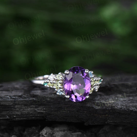 Oval cut purple amethyst ring vintage cluster snowdrift emerald peridot topaz ring white gold unique engagement ring women anniversary gift