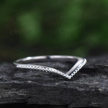 Curved V shaped solitaire wedding band solid 14k white gold Milgrain art deco stacking matching wedding ring band women 925 sterling silver
