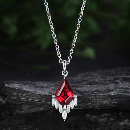 Kite cut red ruby necklace 14k rose gold cluster marquise baguette cut moissanite necklace pendant women art deco anniversary gift her