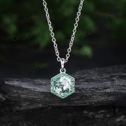 Vintage hexagon cut green moss agate necklace rose gold unique 6 prong halo emerald necklace Pendant women dainty anniversary gift her