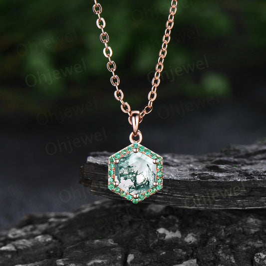 Vintage hexagon cut green moss agate necklace rose gold unique 6 prong halo emerald necklace Pendant women dainty anniversary gift her