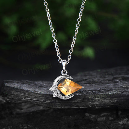 Vintage kite cut yellow citrine necklace 14k rose gold Personalized moon cluster diamond unique Pendant women anniversary gift for her