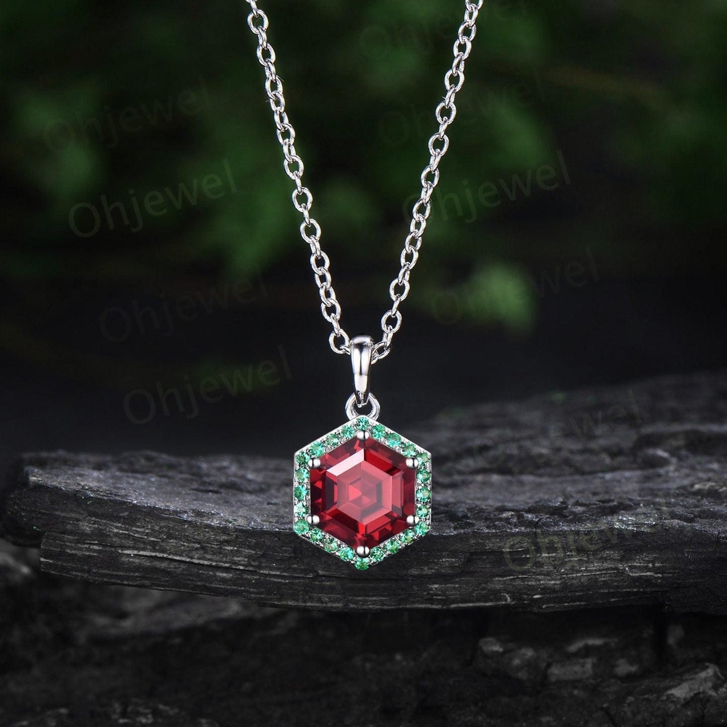 Vintage hexagon cut red ruby necklace rose gold unique 6 prong halo emerald necklace Pendant women dainty wedding anniversary gift her
