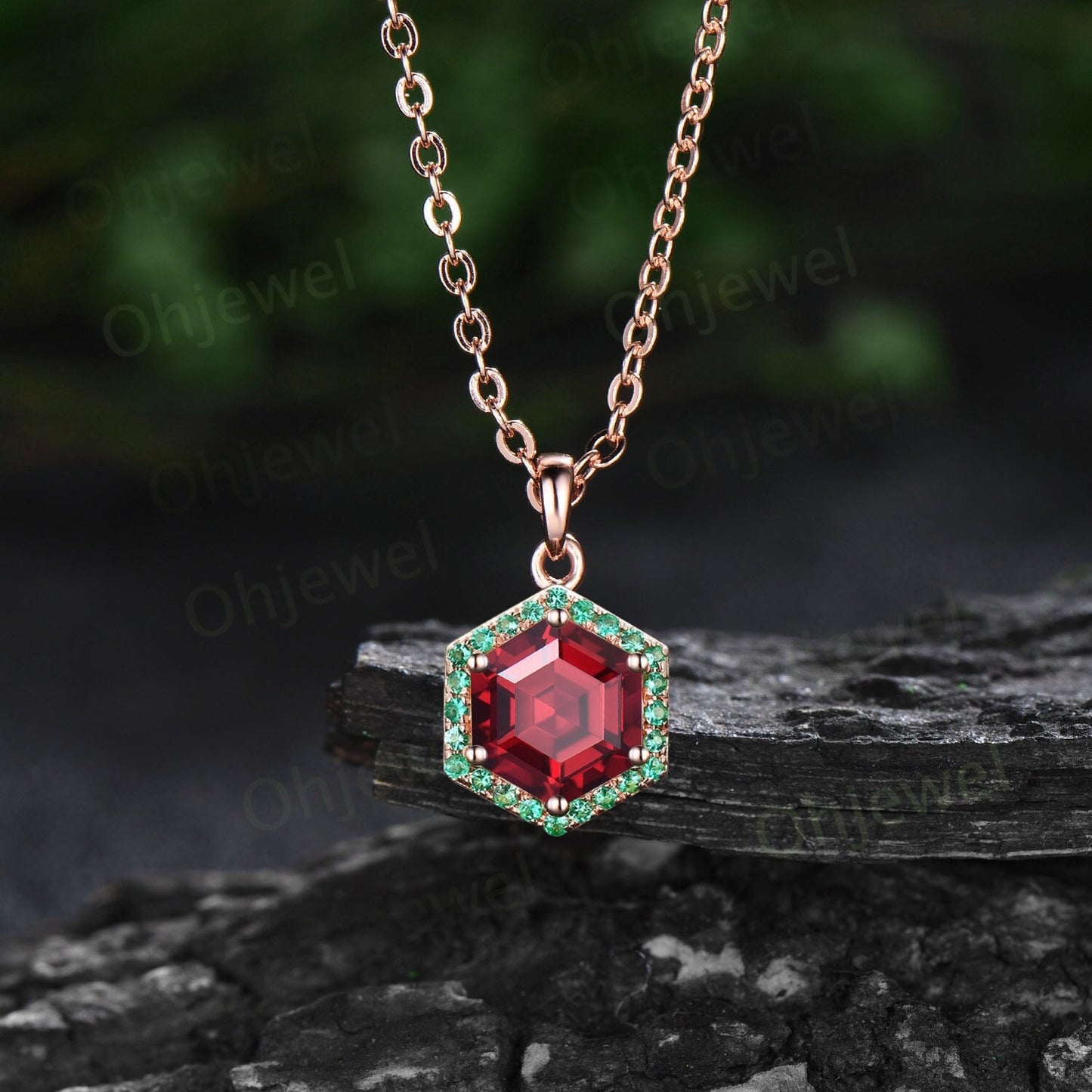 Vintage hexagon cut red ruby necklace rose gold unique 6 prong halo emerald necklace Pendant women dainty wedding anniversary gift her