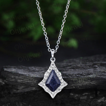 Vintage kite cut blue sanstone necklace rose gold antique unique snowdrift halo diamond necklace Pendant women opal jewelry anniversary gift