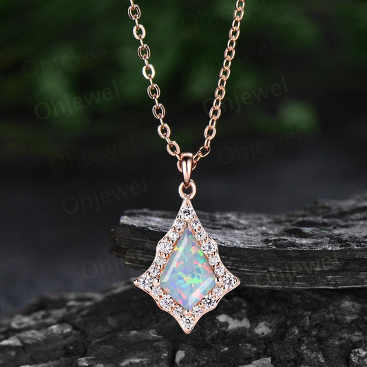 Vintage kite cut white opal necklace rose gold antique unique snowdrift halo diamond necklace Pendant women opal jewelry anniversary gift