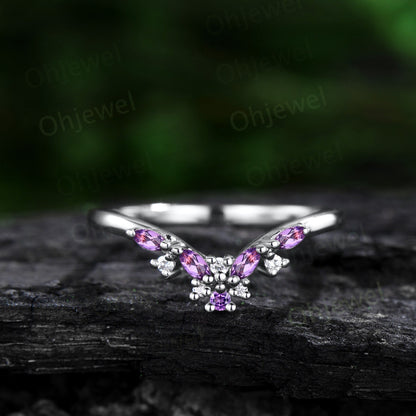 Cluster Alexandrite wedding band solid 14k rose gold moonstone moissanite wedding ring band marquise June birthstone ring Personalized gift