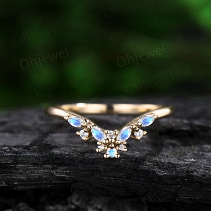 Cluster Alexandrite wedding band solid 14k rose gold moonstone moissanite wedding ring band marquise June birthstone ring Personalized gift