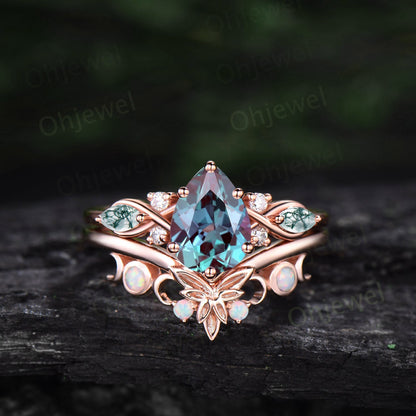 Vintage pear Alexandrite engagement ring set art deco solid 14k white gold moss agate opal ring women moon Celtic knot bridal ring set gift