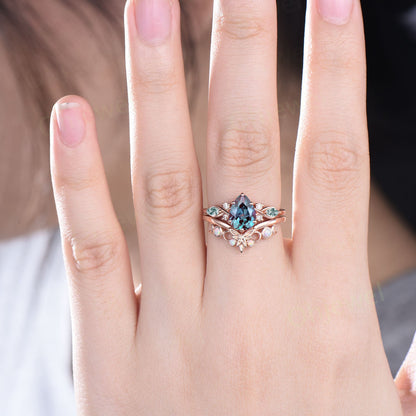 Vintage pear Alexandrite engagement ring set art deco solid 14k white gold moss agate opal ring women moon Celtic knot bridal ring set gift