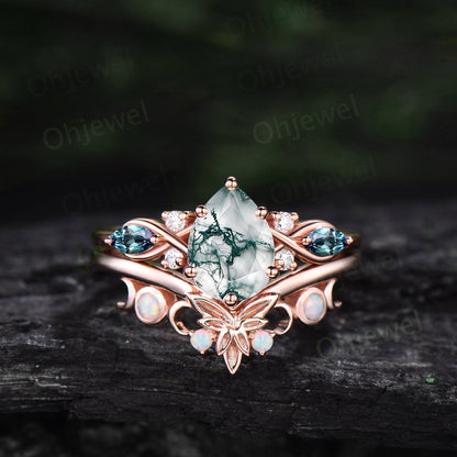 Vintage pear natural moss agate engagement ring white gold moon marquise alexandrite opal ring custom Personalized wedding ring set women