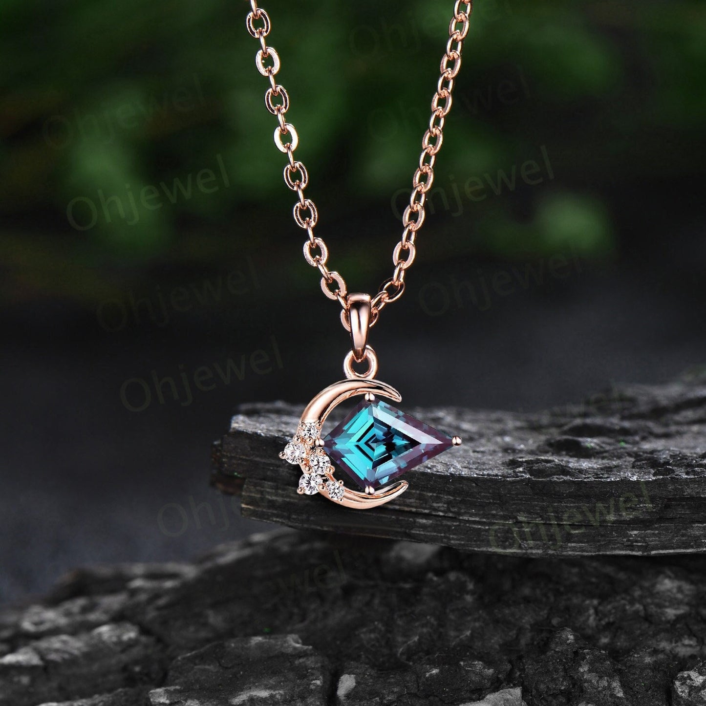 Vintage kite cut alexandrite necklace 14k rose gold Personalized moon cluster diamond unique East To West Pendant women anniversary gift her